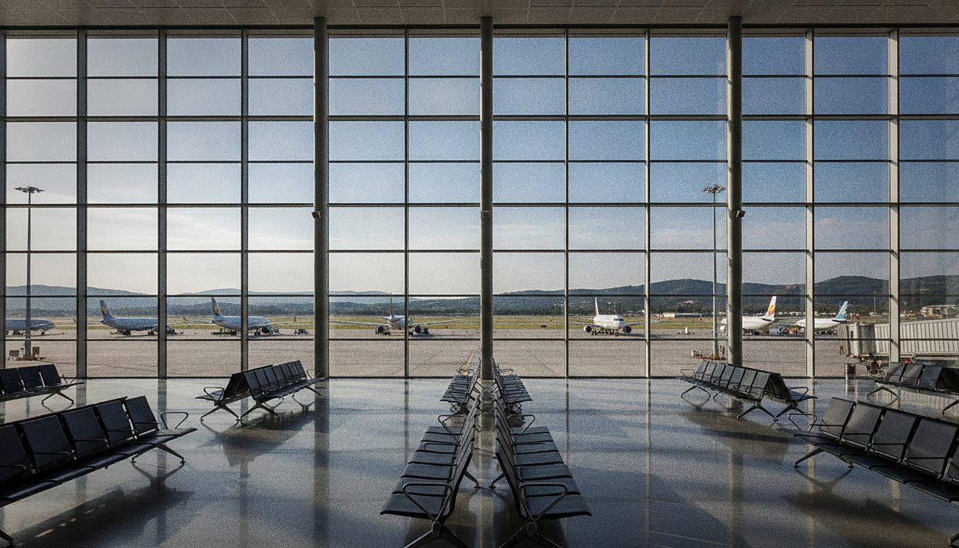 Terminal partenze dell'aeroporto di Atene con voli in attesa
