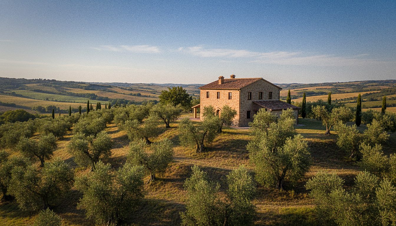 Casale in pietra circondato da uliveti sulle colline umbre, senza persone