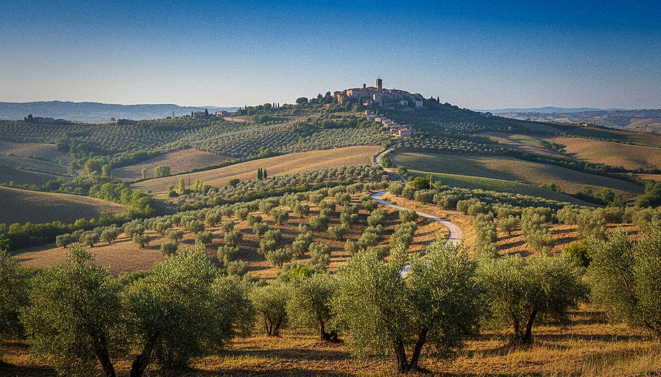 Colline umbre con uliveti e un borgo in lontananza, luce di mattina